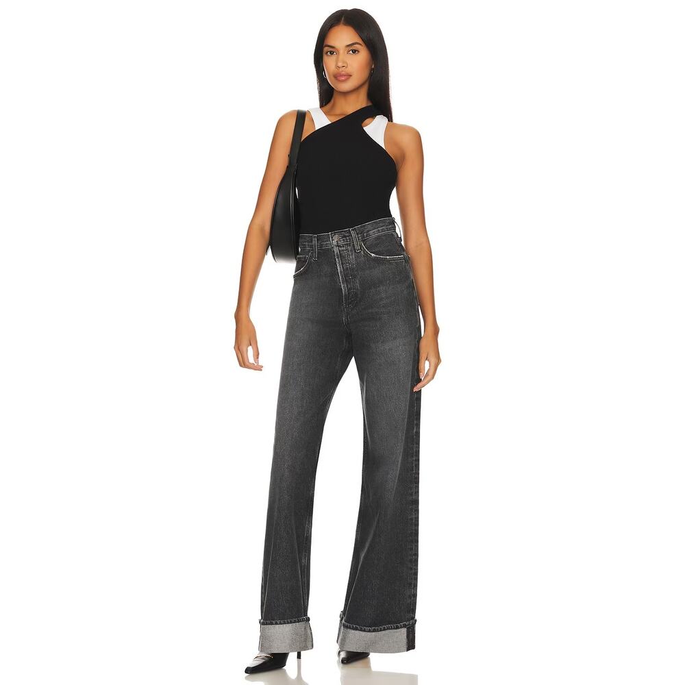 AGOLDE Dame Jean High Rise Wide Leg Size 32 Ditch Black Cuffed Jeans - Picture 5 of 12